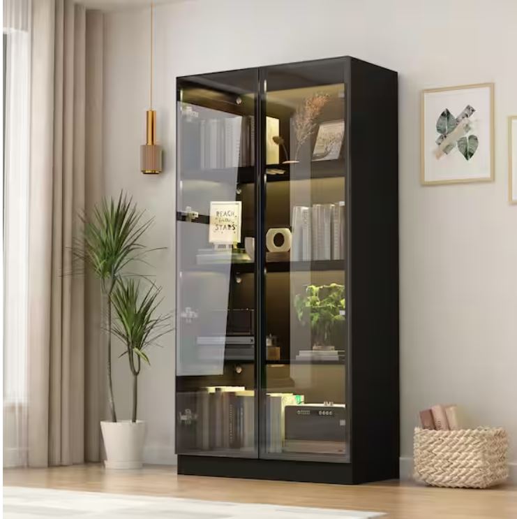Black Wood Display Cabinet With Tempered Glass Doors and 3-Color LED Lights