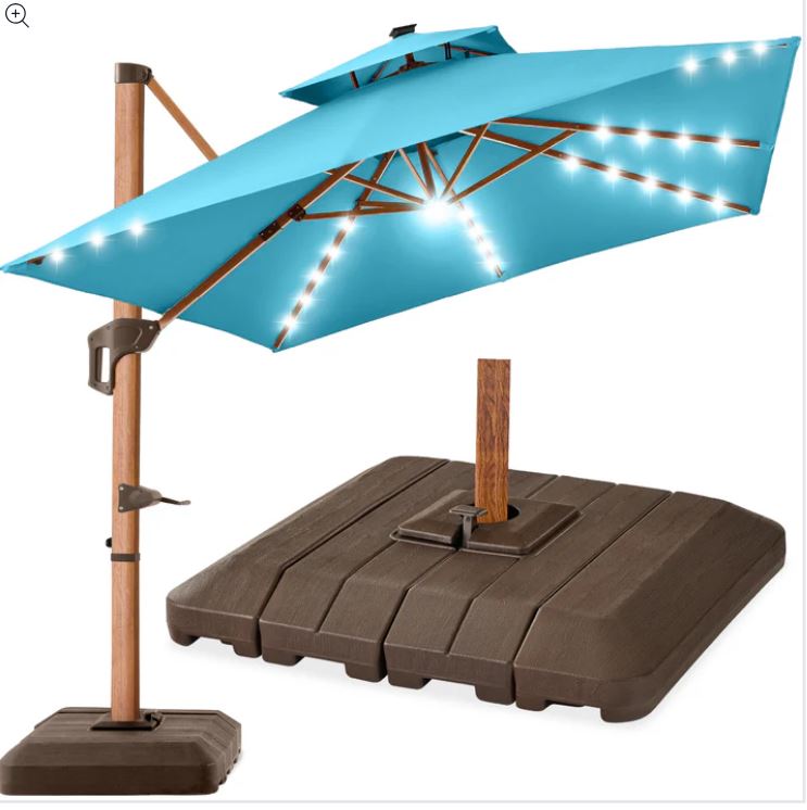 Woodgrain Pattern 2-Tier Outdoor Solar LED Cantilever Umbrella – 10x10ft