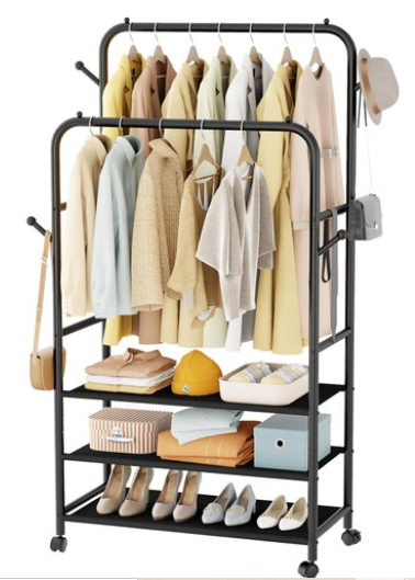 Double Rods Clothing Rack with Wheels and 3-Tier Storage Shelf Clothes Rack for Hanging Clothes with 4 Hooks Portable Garment