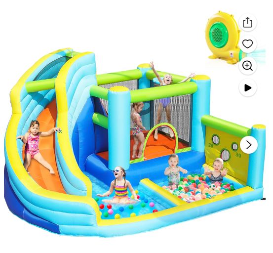 GVDV 12FT Inflatable Bounce House with Water Slide, Ball Shooting, Climbing Wall, Splash Pool & 450W Air Blower for Kids Outdoor Fun