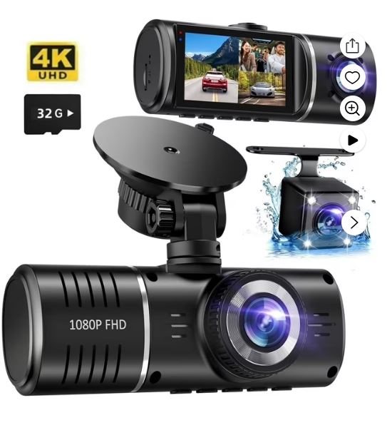 Dash Cam, 3 Channel Dash Cam, 4K+1080P Dash Cam Front and Inside, Triple Dash Cam,Car Night vision Dash Camera with 32GB Card, HDR, G-Sensor, 24Hr Parking, Front Rear Dash Cam Loop Recording