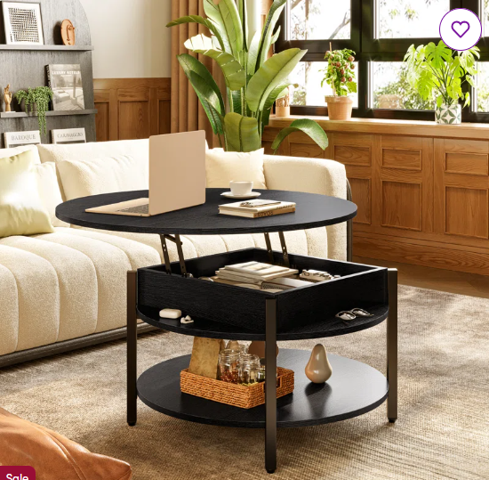 Wynny 36″W Lift Top Coffee Table with Storage, Round Wood Cocktail Table