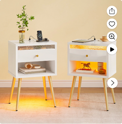 Pinmoco Set of 2 LED Nightstand with Charging Station, Modern Bedside Table with Drawer and Open Storage for Bedroom, White