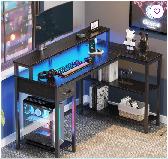 Coolbrook Gaming Desk with LED Lights, L-Shaped Desk with Power Outlets, Computer Desk with Storage, Writing Desk with Monitor Stand, Home Office Desk, L Desk