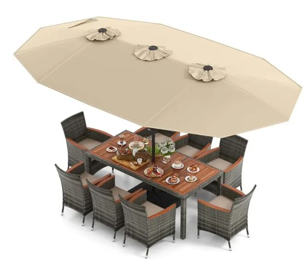 Costway 10 Pieces Patio Wicker Dining Set with Double-Sided Patio Umbrella 8 Armchairs – Beige,,Mix Brown
