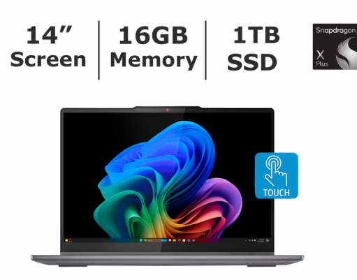Lenovo 14″ 2-in-1 OLED Touchscreen Laptop, Qualcomm Snapdragon X Plus Processor, 16GB Memory, 1TB SSD, Backlit Keyboard