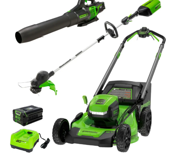Greenworks – 80V 21” Lawn Mower, 13” String Trimmer, and 730 Leaf Blower Combo with 4 Ah Battery & Charger) 3-piece combo – Green