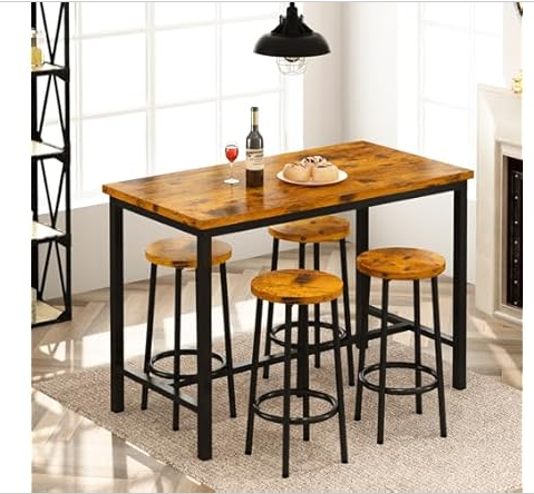 AWQM Bar Table and Chairs Set Industrial Counter Height Pub Table with 4 Chairs Bar Table Set 5 Pieces Dining Table Set