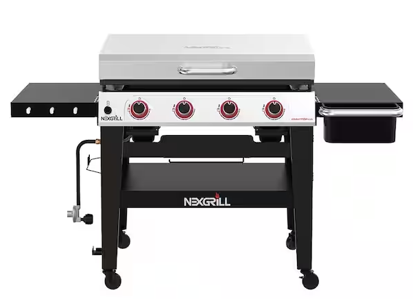 Daytona 4-Burner Propane Gas Grill 36 in. Flat Top Griddle in Black with Stainless Steel Lid