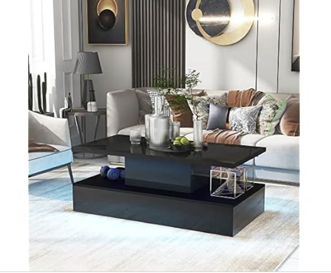 SPOFLYINN Modern Coffee Table with LED Lights, 16 Colors 4 Lighting Modes, Easy Assembly, Console Media Cabinet Entertainment Center for Living Room, Dining Room, Bedroom, Black, One Size