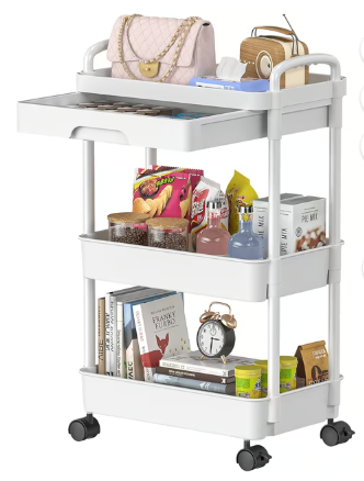 3 Tier Rolling Utility Cart with Drawer, Utility Storage Organizer with Plastic Shelf & Lockable Wheels, Storage Cart for Kitchen, Bathroom, Living Room, Office, Storage Shelves Organizer Cart, White