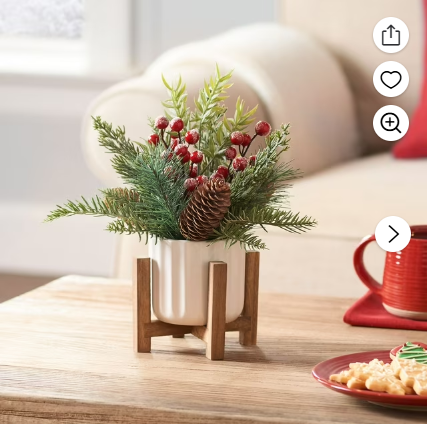 Mainstays 11″ Decorative Tabletop Christmas Artificial Tree with Red Berries & Pine in White Ribbed Ceramic Planter on Wooden Stand