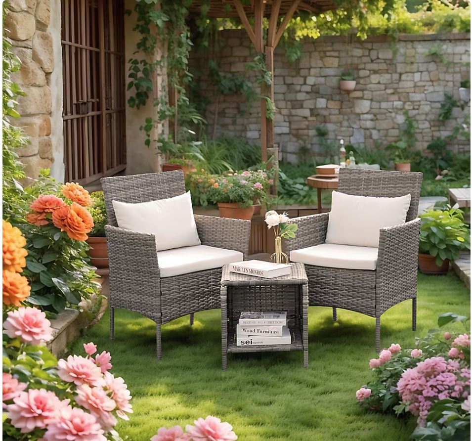 Grearden 3 -Piece Wicker Patio Conversation Set with Off-white Cushions