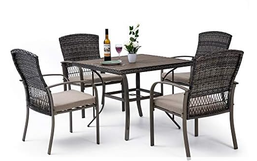 PAMAPIC 5 Piece Outdoor Furniture Set, Rattan Outdoor Patio Furniture Set for Deck Backyard with Plastic-Wood Outdoor Dining Table, 4 Outdoor Dining Chairs and Removable Cushions