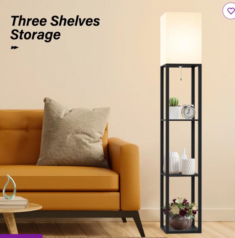 Emonnie 62.9″ Column Floor Lamp with Shelves, Real Solid Wood and Bulb Included