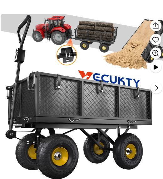 VECUKTY Heavy Duty Steel Dump Garden Cart with Liner, 600lbs 3 Cu ft 10″ Wheel, Black