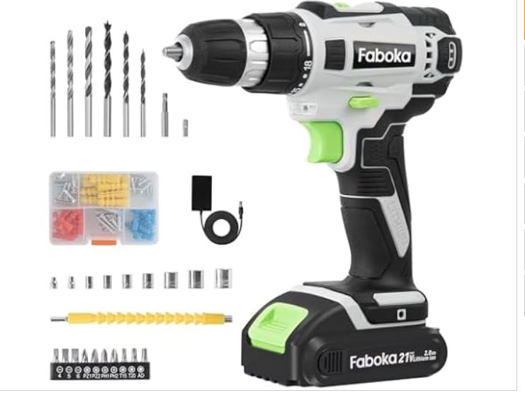 FABOKA FA0201 21V Cordless Drill Set with 2.0Ah Battery & Charger, 40Nm Max Torque, 3/8-Inch Keyless Chuck, Variable Speed, LED Light, Drill Bit & Accessory Kit for Wood Metal Plastic