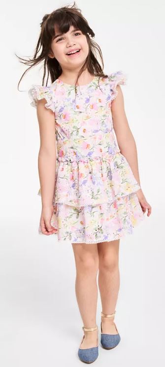 Toddler and Little Girls Floral Eyelet Drop Waist Dress