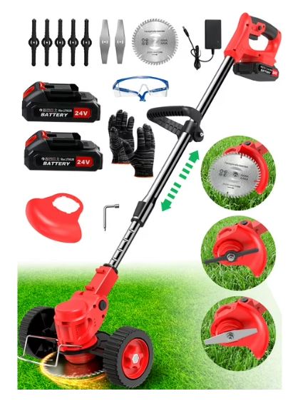 TNTANTS Electric Weed Wacker, Cordless String Trimmer with Wheels, 2Pcs 24V Batteries, 3 Types of Blades, Adjustable Length, Weed Eater Grass Trimmer/Edger/Brush Cutter for Lawn Yard Garden (Red)
