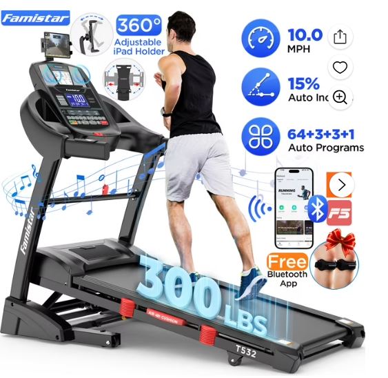 Famistar 4.5HP Folding Treadmill for Home with 15 Auto Incline, Smart APP, 300lbs, HiFi Bluetooth Speakers, 64 Programs, 10MPH Speed, Foldable EleTreadmill Running Machine, Knee Strap Gift