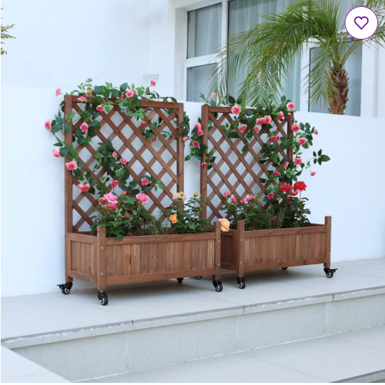 2 Piece Mobile Outdoor Raised Garden Bed Wood Planter Box with Trellis and wheels