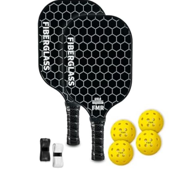 Pickleball Paddles Set of 2 with 4 Balls – USAPA Approved Fiberglass Surface, Lightweight, Non-Slip Grip – Premium Paddle Set for All Skill Levels Indoor & Outdoor