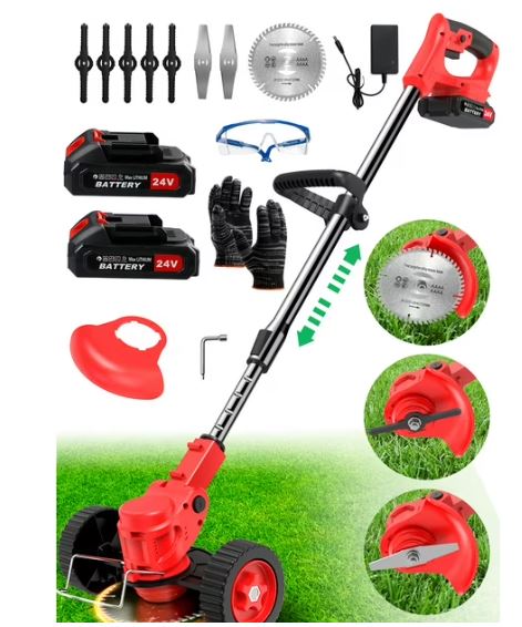 TNTANTS Electric Weed Wacker, Cordless String Trimmer with Wheels, 2Pcs 24V Batteries, 3 Types of Blades, Adjustable Length, Weed Eater Grass Trimmer/Edger/Brush Cutter for Lawn Yard Garden (Red)