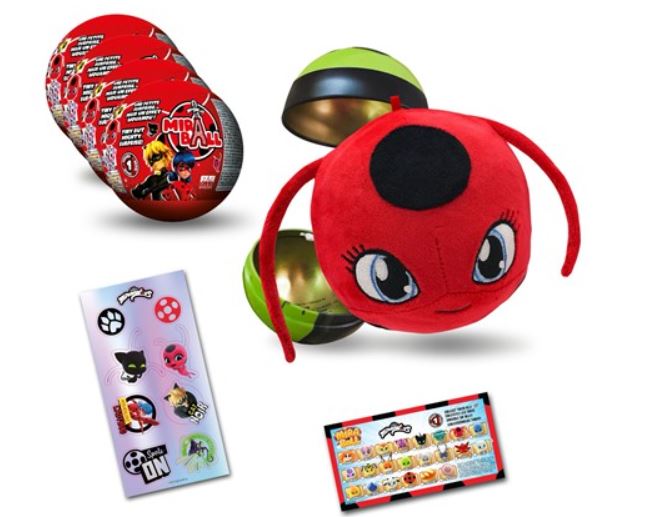 Miraculous Ladybug, 4 Surprise Miraball, Toys for Kids with Collectible Character Metal Ball, Kwami Plush, Glittery Stickers and White Ribbon (Wyncor)