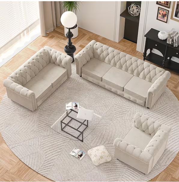 Chesterfield Couches for Living Room, Chair Loveseat and Sofa 3-Pieces Beige Linen Living Room Set with Rolled Arm