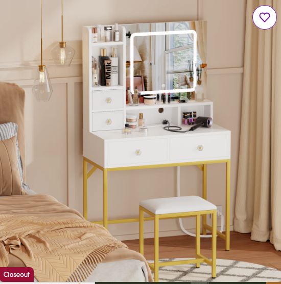 Makeup Vanity Desk with LED Lighted Mirror, 4 Drawers, Power Outlet and Stool