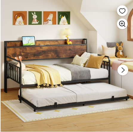 LIKIMIO Daybed with Trundle, Twin Day Bed Frame with Storage Headboard and Charging Station