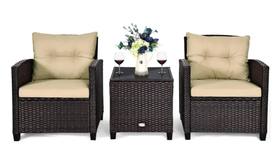 Costway – 3PCS Patio Rattan Furniture Set Cushioned Conversation Set Sofa Coffee Table – Beige