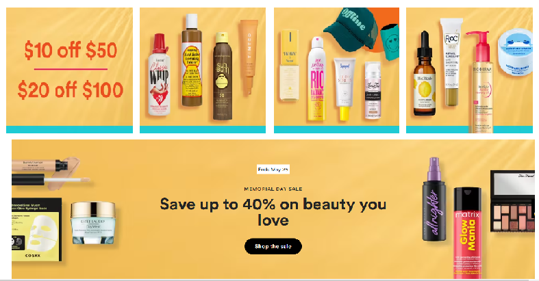 Ulta Memorial Day Sale up to 40% off + up to $20 off$10 off $50 or $20 off $100