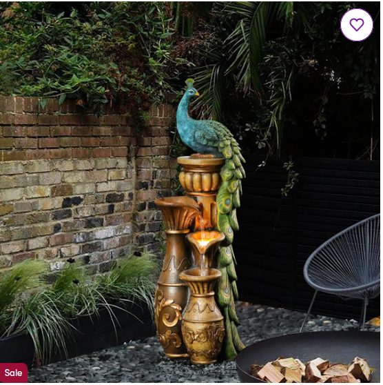 43.75” Hand Crafted Pedestal Peacock and Urns Outdoor Weather Resistant Floor Fountain with Light