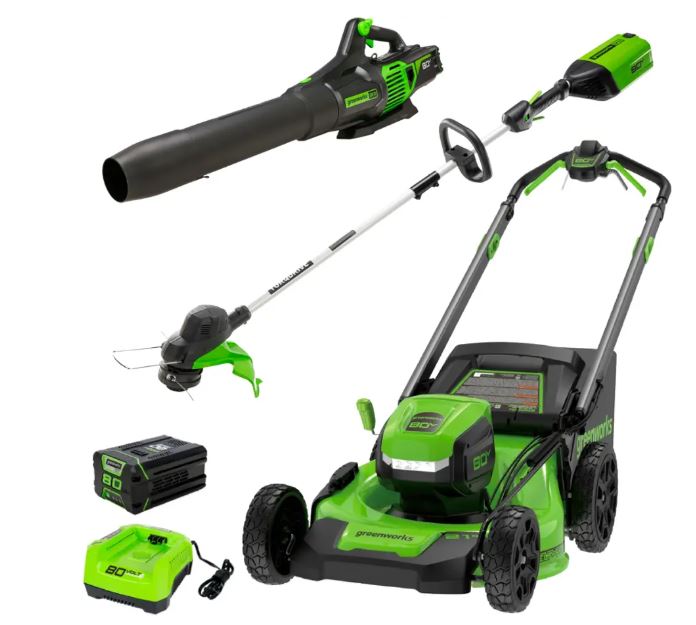 Greenworks – 80V 21” Lawn Mower, 13” String Trimmer, and 730 Leaf Blower Combo with 4 Ah Battery & Charger) 3-piece combo – Green