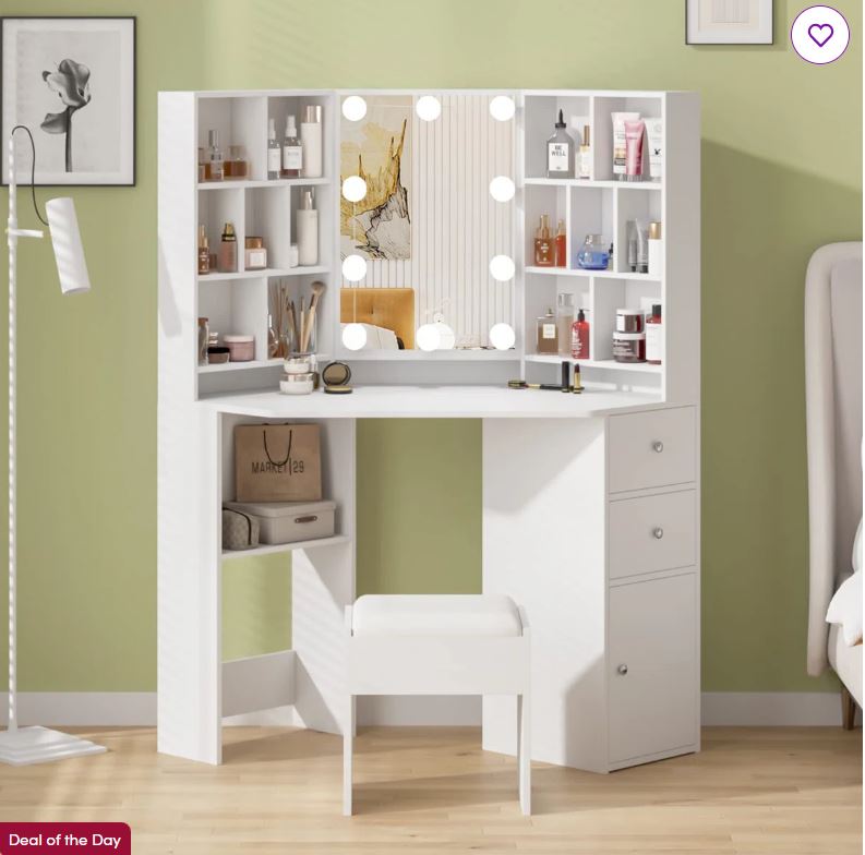 46.1” Wide Corner Vanity Set with Stool and Mirror