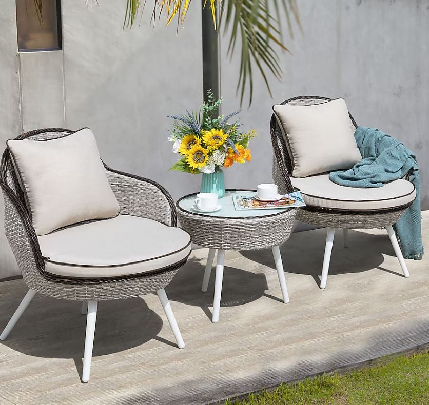Nuu Garden 5 -Piece White Bistro Patio Dining Set Rattan Round Table with 2 Off-white Cushions Stationary Chairs