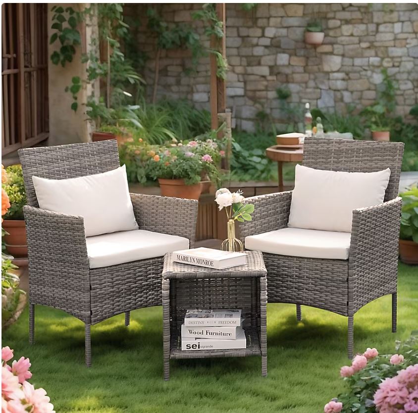 Grearden 3 -Piece Wicker Patio Conversation Set with Off-white Cushions