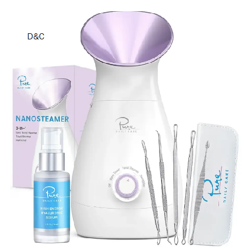 Pure Daily Care – Nano Ionic Facial Steamer with 5 Piece Skin Kit and Hyaluronic Serum – Lilac