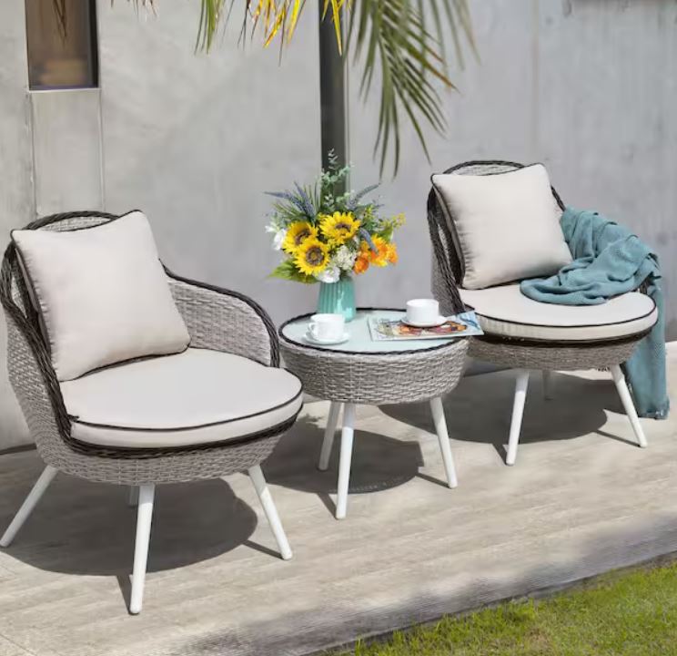 3-Piece Wicker Patio Conversation Set Outdoor Bistro Set with Beige Cushion