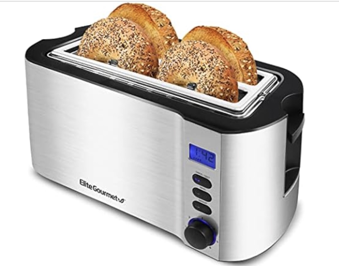 Elite Gourmet ECT4400B# Long Slot 4 Slice Toaster, Countdown Timer, 6 Toast Setting, Defrost, Cancel Function, Built-in Warming Rack, Extra Wide Slots for Bagel Waffle