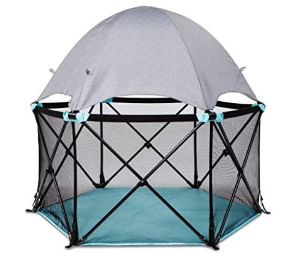 Summer Infant Pop ‘N Play Deluxe Ultimate Playard, Aqua Splash – Full Coverage Indoor/Outdoor Portable Play Pen with Fast, Easy and Compact Fold