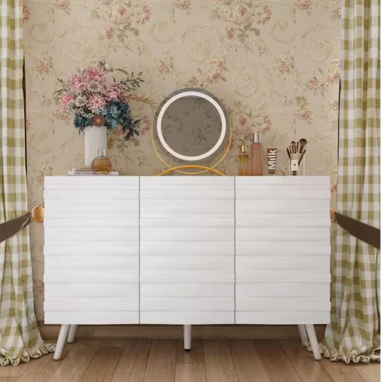 47.2 in. Width White Rectangle Wooden End Table, Sideboard, Dresser with 4-Shelves and Wavy Alternating Stripes Surface