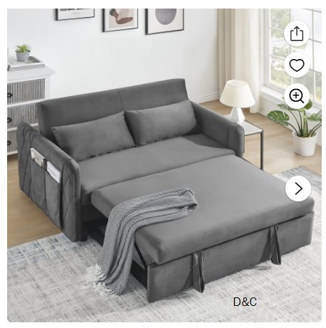 Convertible Sofa Bed,55 inch 3 in 1 Sleeper Sofa with Pull Out Bed,Modern Velvet Couch with 2 Pillows and Adjustable Backrest for Living Room Office,Gray