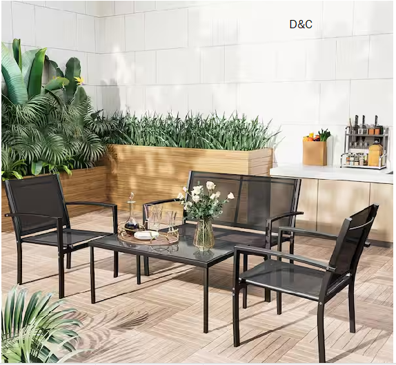 Black 4-Piece Metal Outdoor Bistro Set Patio Conversation Set Glass Coffee Table