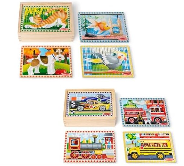 Melissa & Doug Wooden Jigsaw Puzzles in a Box 2-Pack for Preschool Boys and Girls – Pets, Vehicles