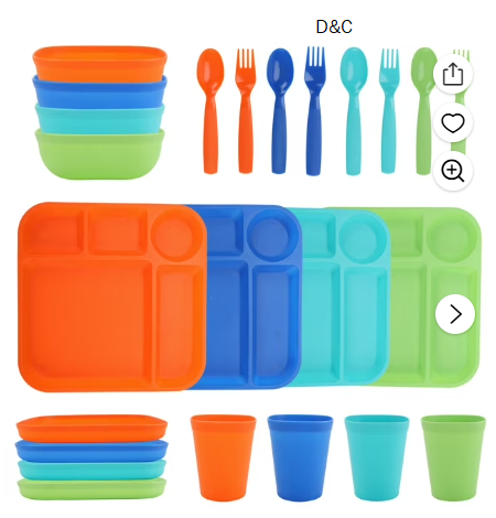 Your Zone 24-Piece Plastic Kids Dinnerware Set with 4 Trays, Bowls, Plates, Cups, Forks, Spoons in Orange, Blue, Aqua, Green
