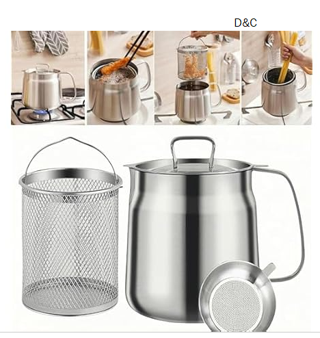 50oz Stainless Steel Deep Fryer Pot with Basket & strainer – Heavy-Duty Multi-Purpose pot for Frying