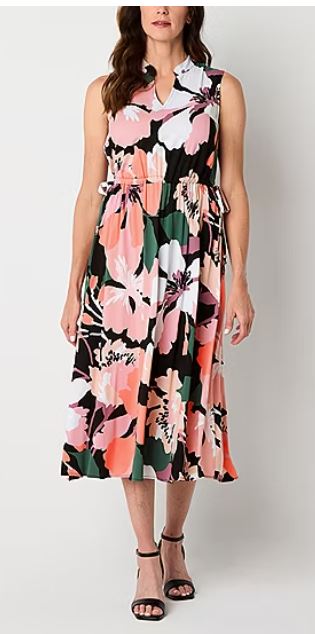 Liz Claiborne Womens Sleeveless Floral Midi A-Line Dress