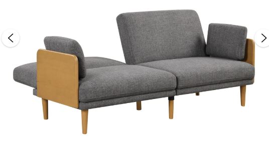 Better Homes & Gardens 73″ Reading Futon, Natural Rubber Wood Legs & Arms, Grey Linen Fabric